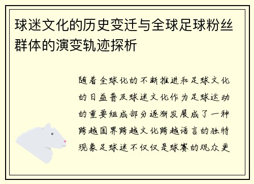 球迷文化的历史变迁与全球足球粉丝群体的演变轨迹探析