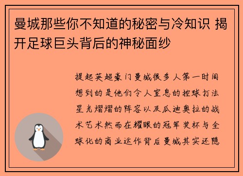 曼城那些你不知道的秘密与冷知识 揭开足球巨头背后的神秘面纱